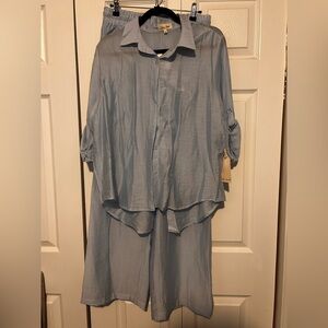 Love Notes Light Blue Straight Leg pants and button down top